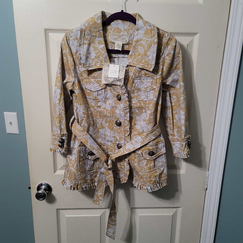 Nick & Mo (ANTHRO) Ruffle Mustard Yellow Floral‎ Denim Jacket Women's M NWT
